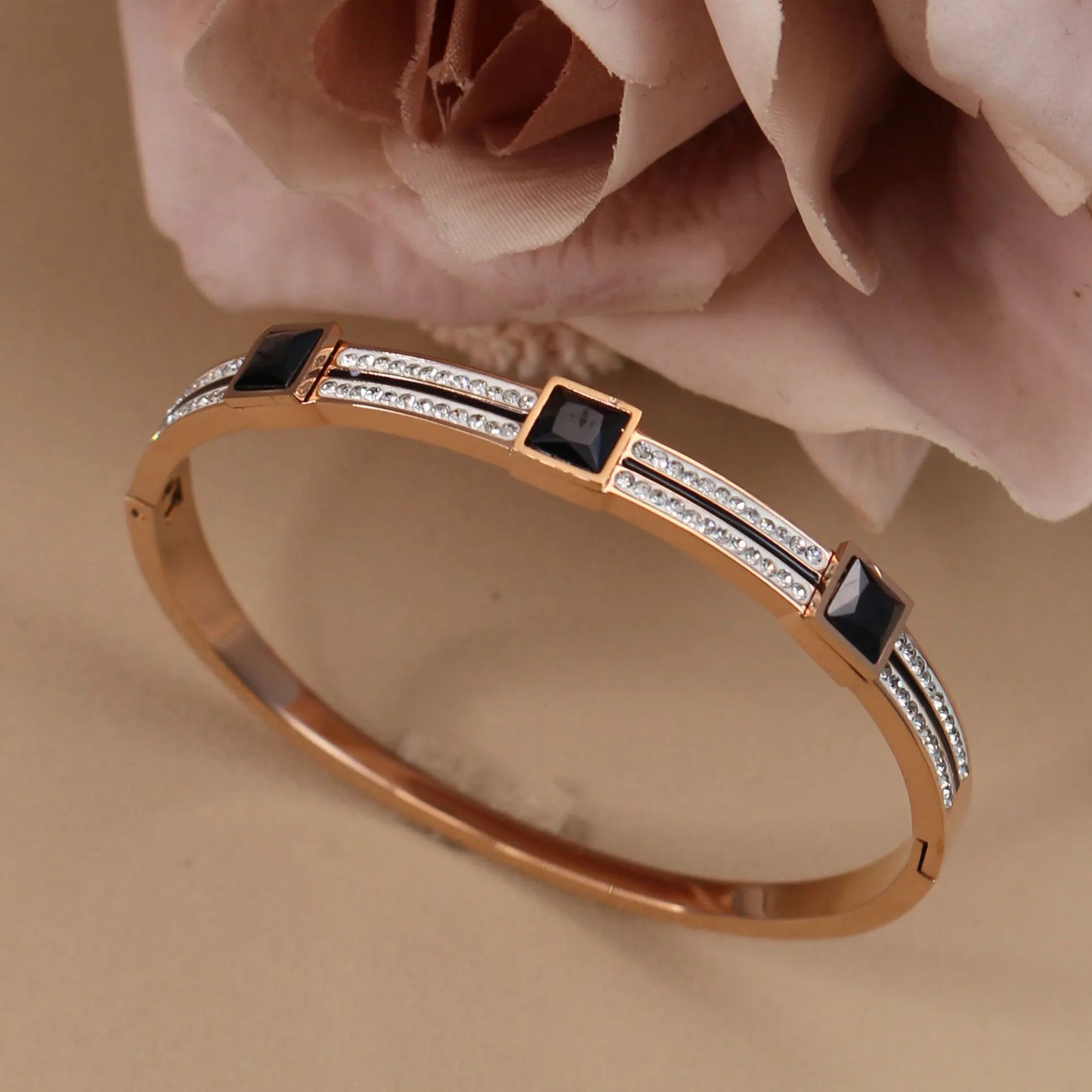 Stainless Steel Double Row Crystals Heart-Shaped Designs Open Clasp Charm Bangle Bracelet