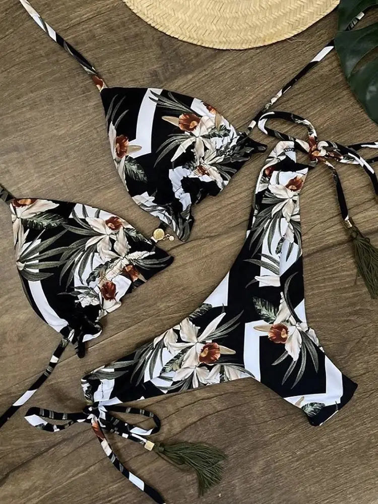 Sexy Micro Feather Print Bandage Swimwear Bathing Brazilian Bikini Suit