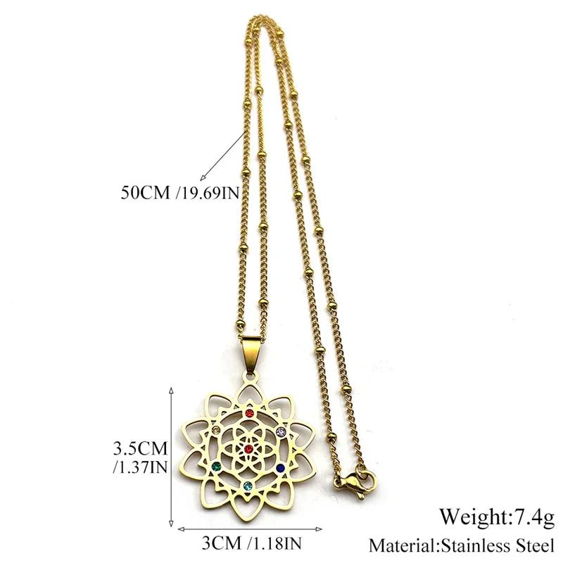 Sacred Geometry 7 Chakra Metatron Stainless Steel Flower of Life Gold Color Chain Necklace
