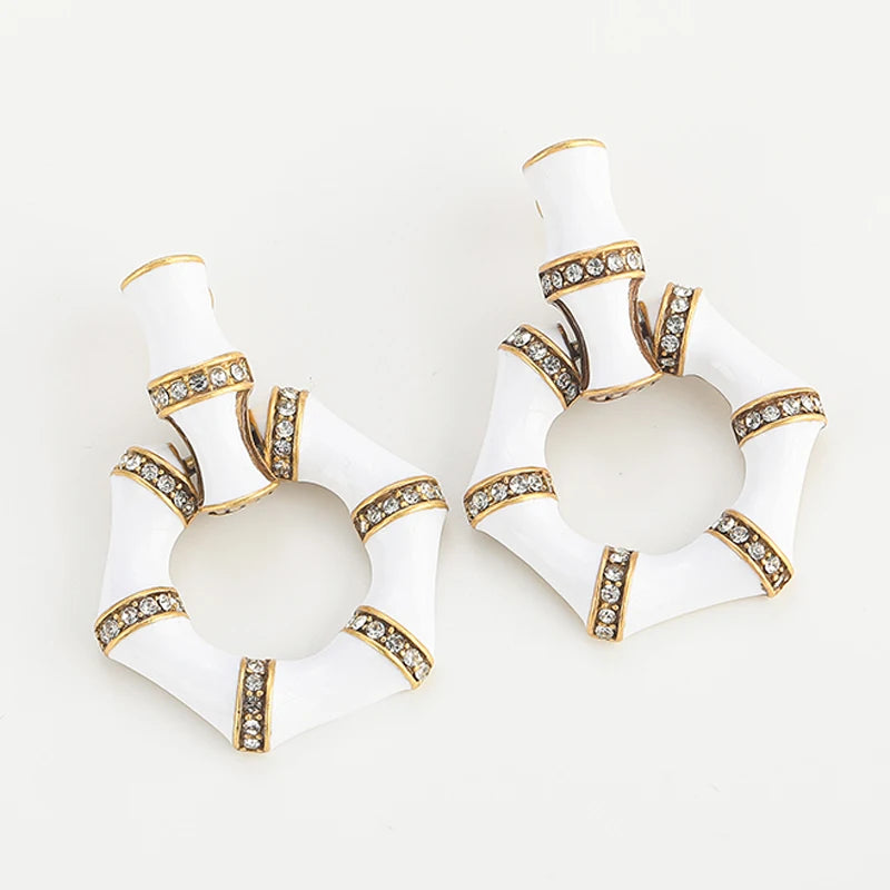 Vintage Drip Oil White Bamboo Women Geometric Hexagonal Designer Earrings