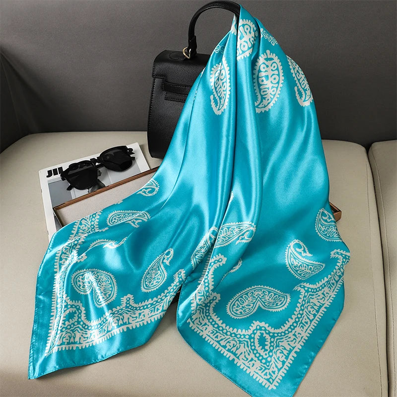 90cm Women Vintage Paisley Square Silk Shawls Printed Wraps Bandana Scarves