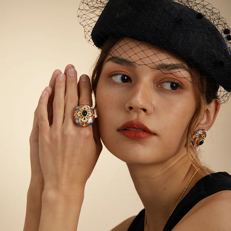 Women Vintage Enamel Adjustable 18K Gold Plated Floral Gemstone Ring