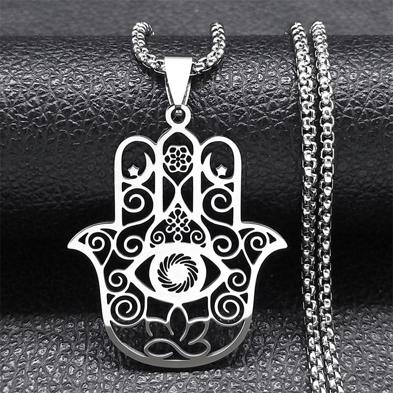 Hollow Fatima Hamsa Stainless Steel Gold Color Luck Hand Palm Blue Turkey Eye Pendants Necklace