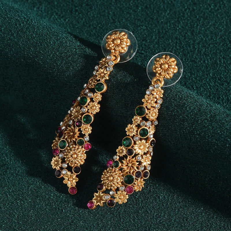 Women Vintage Rhinestones Flower Designer Charm Antique Drop Dangle Earrings