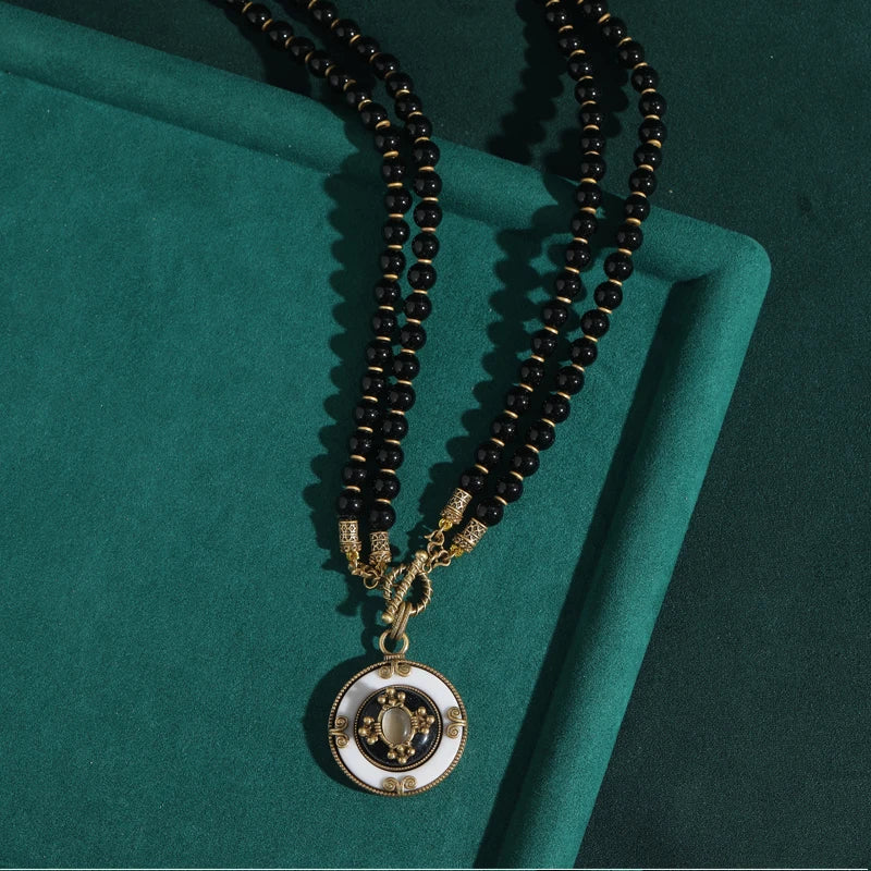 Vintage Black Natural Stone Bead Double Layered Chain Round White Pendant Antique Necklace