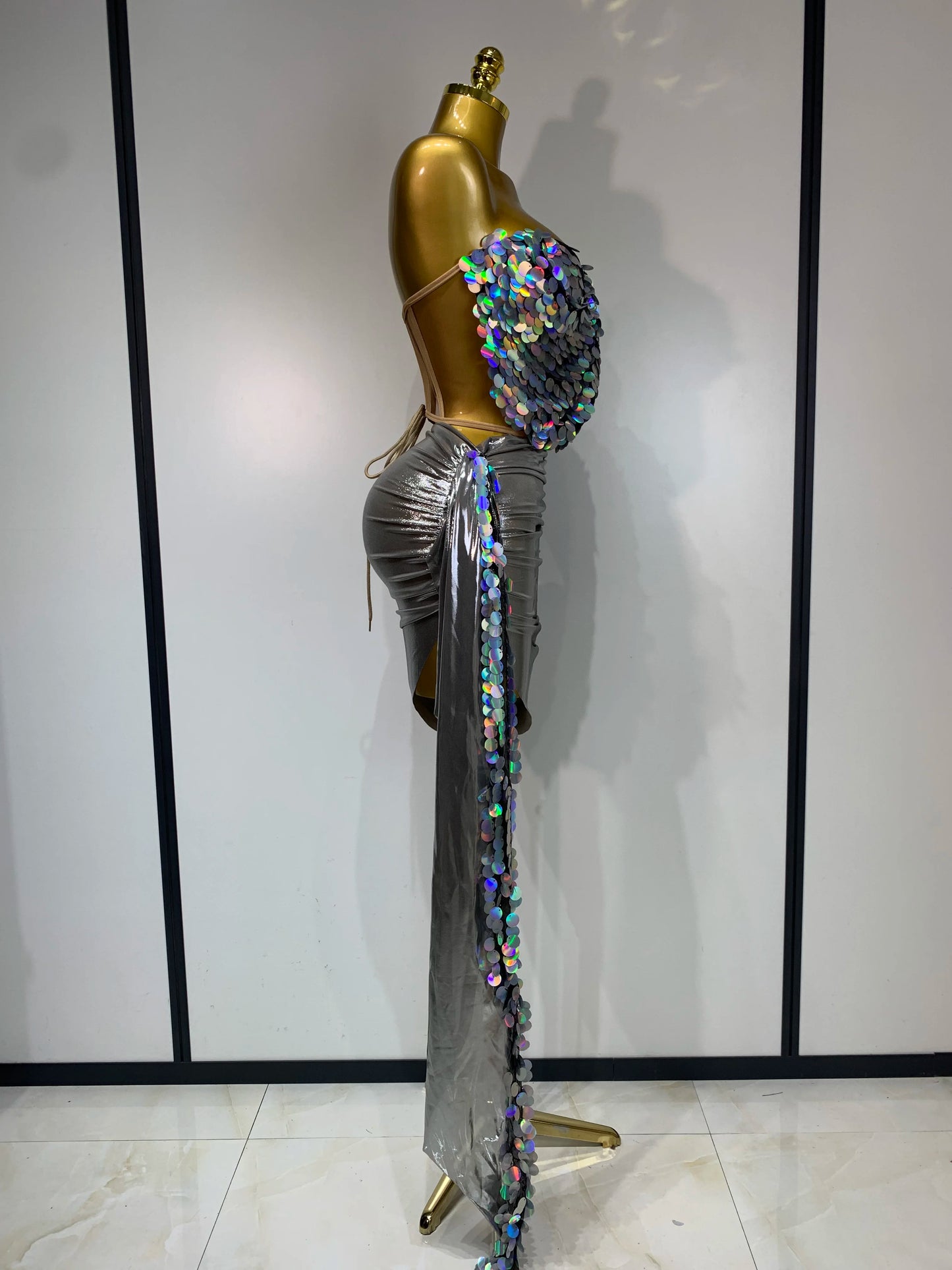 Sparkly Sequin Two Piece Sexy Strapless Backless Women's Evening Nightwear Dress