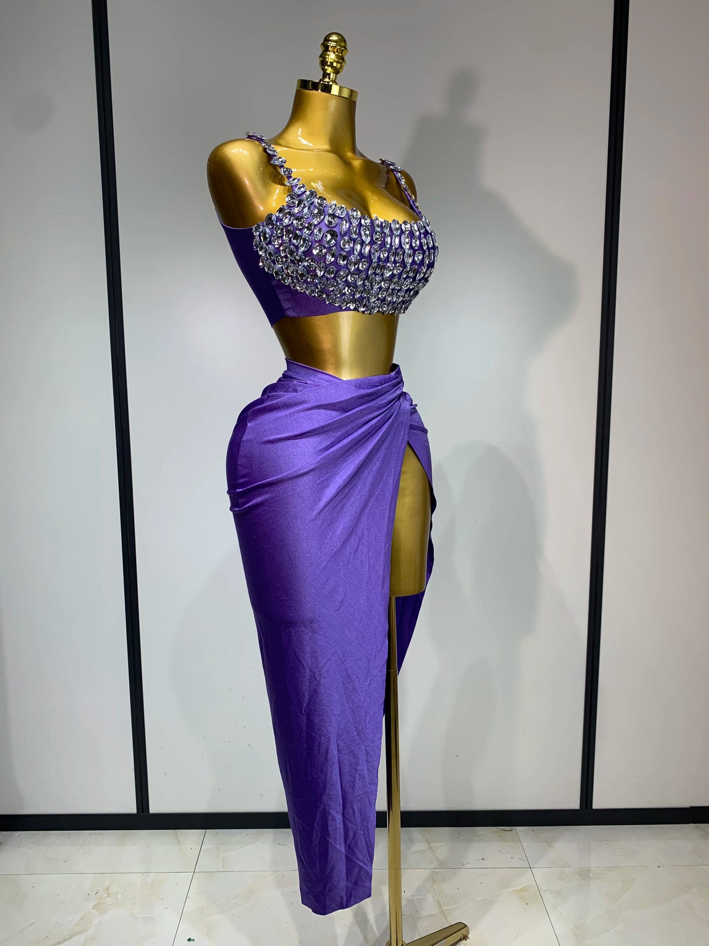 Women Sparkly Rhinestone Crop Tops Long Skirt Two Pieces Birthday Party Dinner Dress