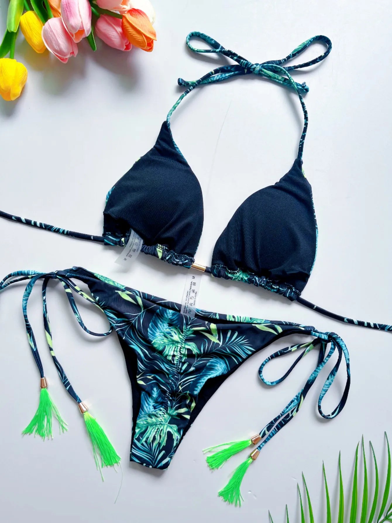 2pcs Sexy Print Bandage Triangle Halter Swimwear Bathing Suit Brazilian Bikini Set
