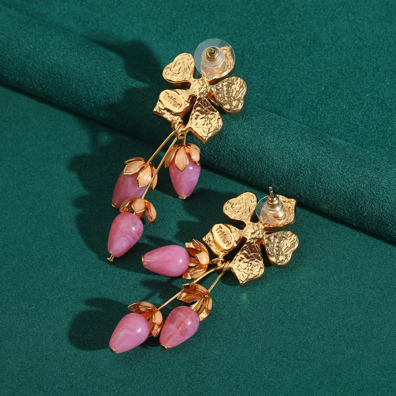 Luxury Blue Flower Natural Stone Pink Strawberry Rose Quartz Drop Gold Color Earrings Dangle