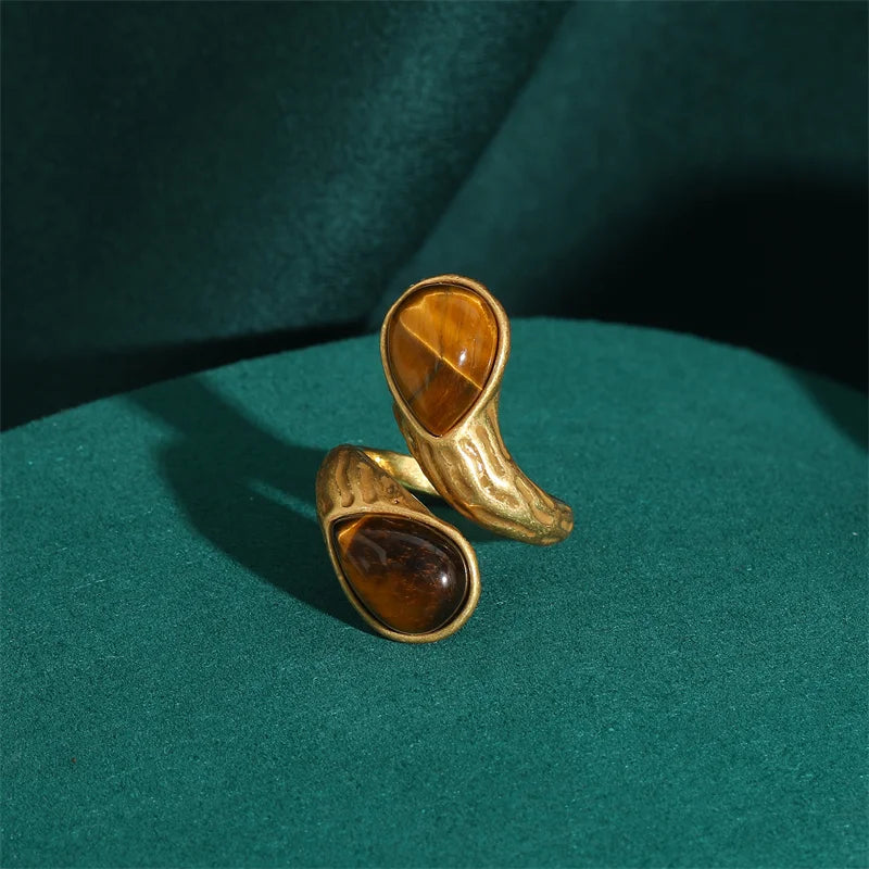 Women Blue Natural Stone Open Leopard Fashionable Water Drop Gold Color Pearl Flower Ring