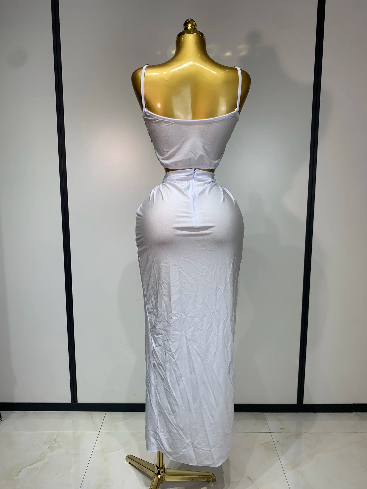 Women Sparkly Rhinestone Crop Tops Long Skirt Two Pieces Birthday Party Dinner Dress