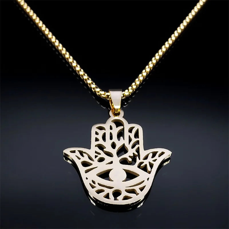 Hollow Fatima Hamsa Stainless Steel Gold Color Luck Hand Palm Blue Turkey Eye Pendants Necklace