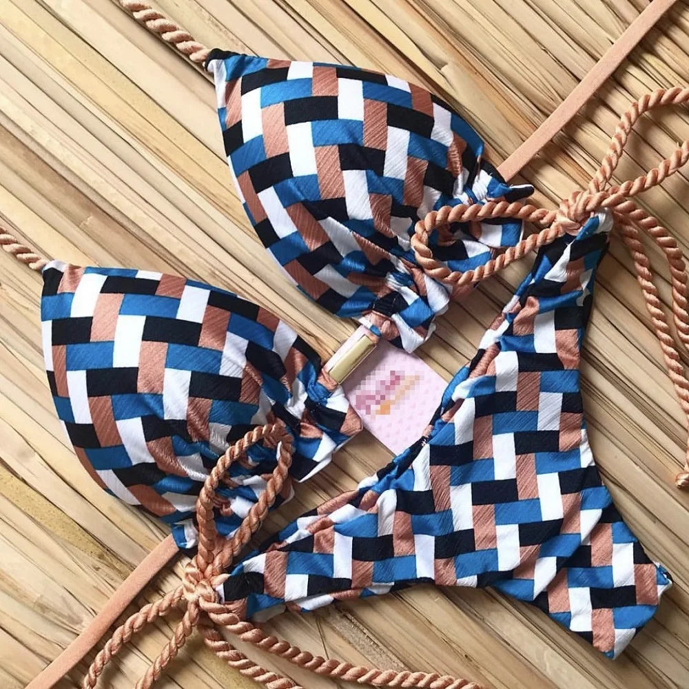 Striped Knotted Swimsuit Beach Sexy Thong Swimwear Bandage Brazilian Mirco Bikinis