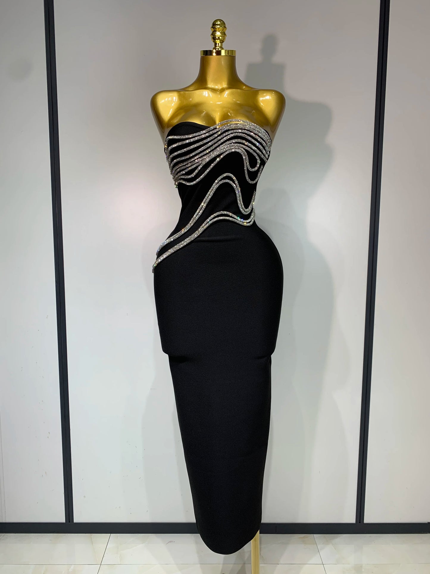 Women Sexy Strapless Diamond Lines Bandage Long Celebrity Red Carpet Evening Birthday Party Dress