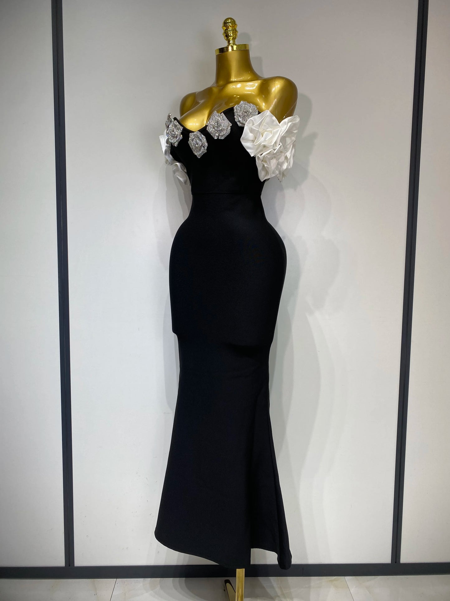 Celebrity Sexy Rhinestone Off Shoulder Flower Maxi Long Bandage Evening Party Dress