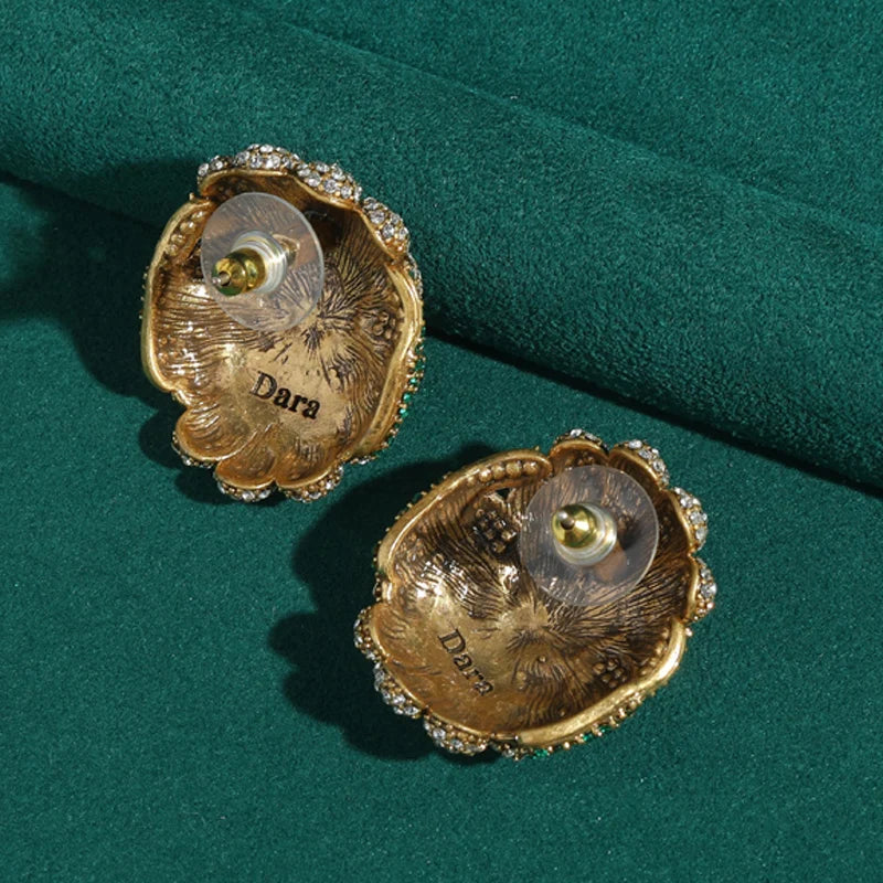 Vintage Rhinestones Sunflower Flower Petals Green Oval Antique Stud Earrings