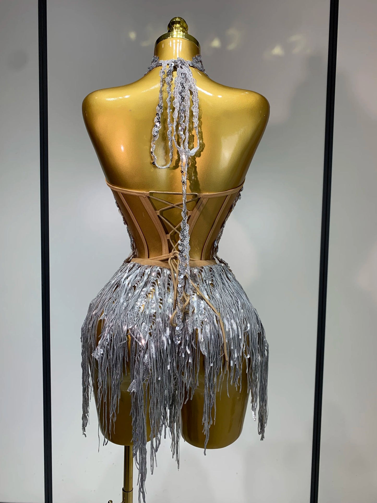 Sexy Shinning Rhinestone Tassels Two Pieces Nightclub Evening Party Birthday Clubbing Dress