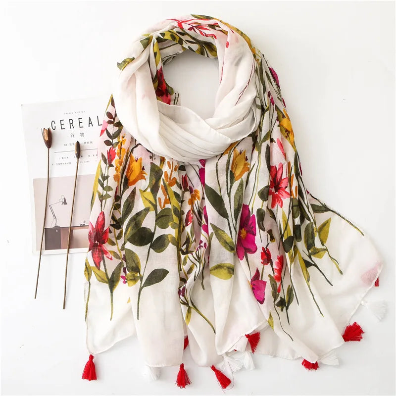 Women Fashion Large Cotton Flower Designs Tassel Prints Scarves Wrap Shawl Scarf