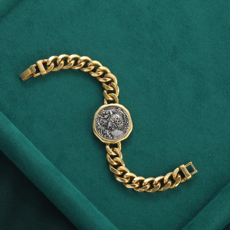 Vintage Copper Beauty Portrait Ancient Round Coin Wide Chain Women Bracelet