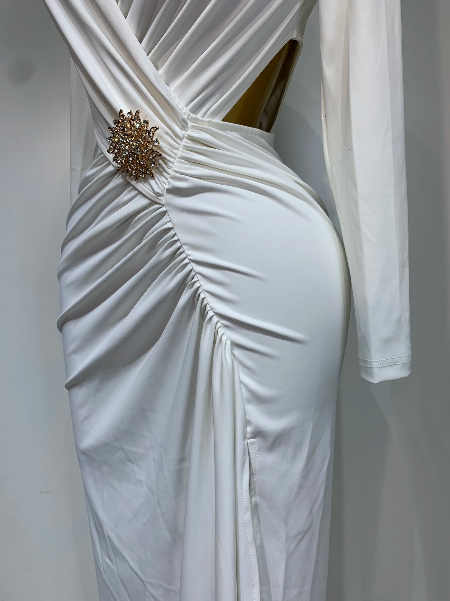 Sexy Long Sleeve V Neck Hollow Out Bodycon Cross Pleated High Split Maxi Club Party Evening Dress