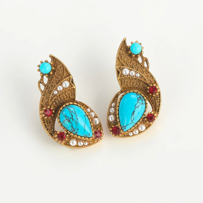Antique Luxury Water Drop Natural Stone Goldfish Blue Long Charm Vintage Stud Earrings