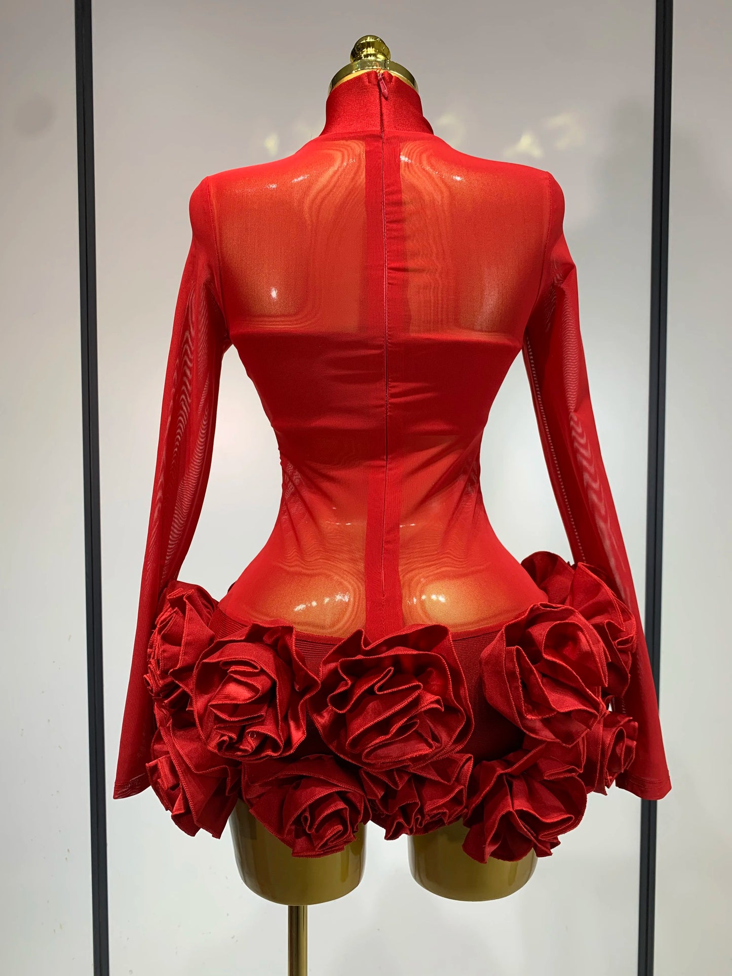 Sexy Mesh See through Stereoscopic Flowers White Red Mini Bandage Birthday Evening Party Dress