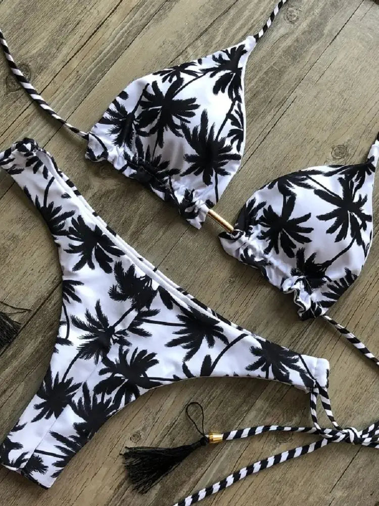 Sexy Black White Coconut Tree Printed Swimsuit Triangle Halter Bikini Brazilian Bathing Suits