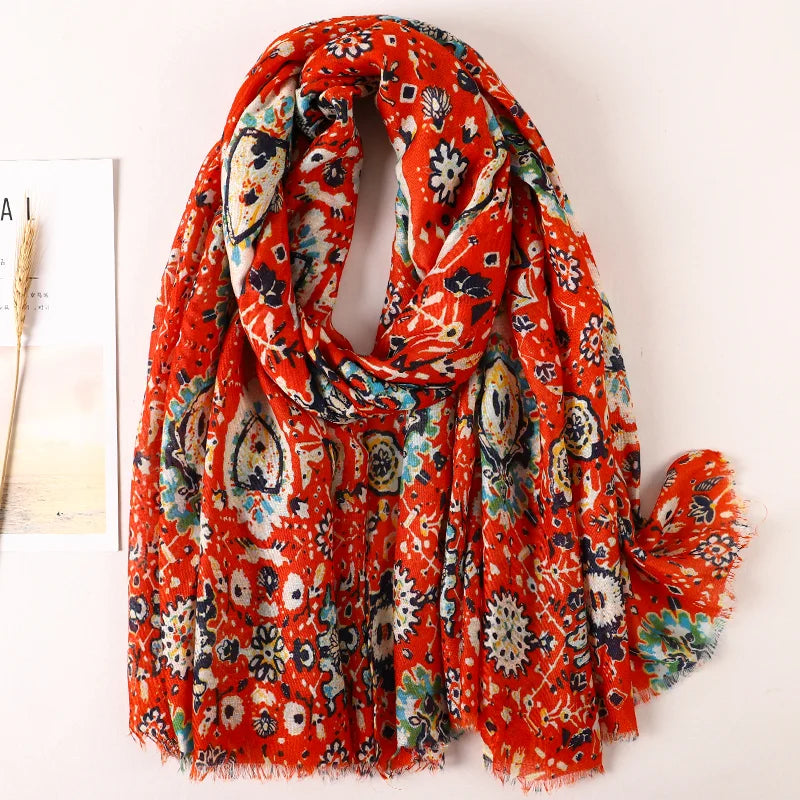 Women Fashion Large Cotton Flower Designs Tassel Prints Scarves Wrap Shawl Scarf