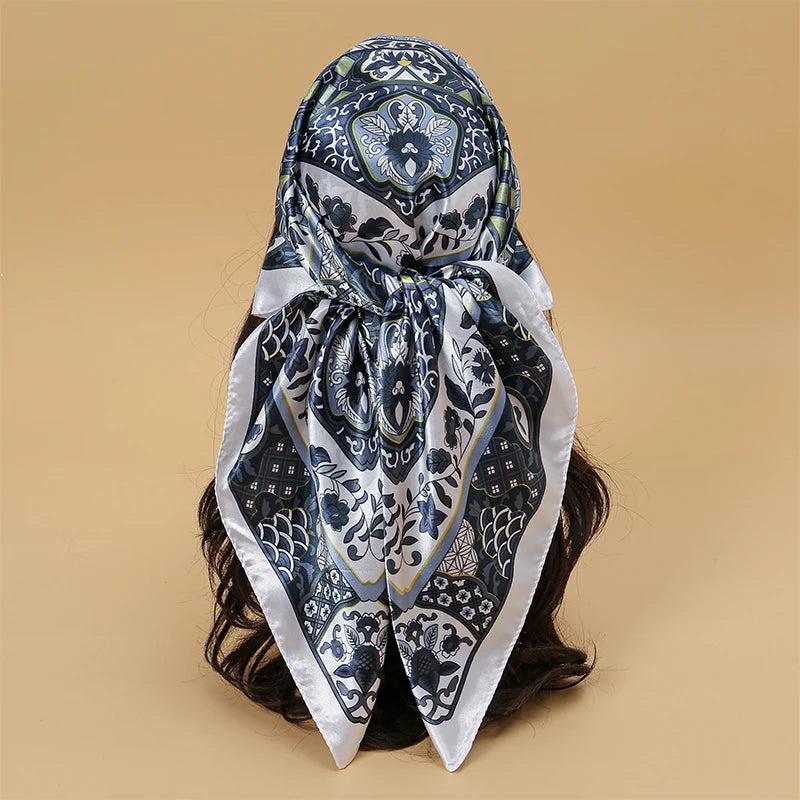 Women Fashion Silk Square Vintage Hijab Flower Prints Pashmina Bandana Scarves