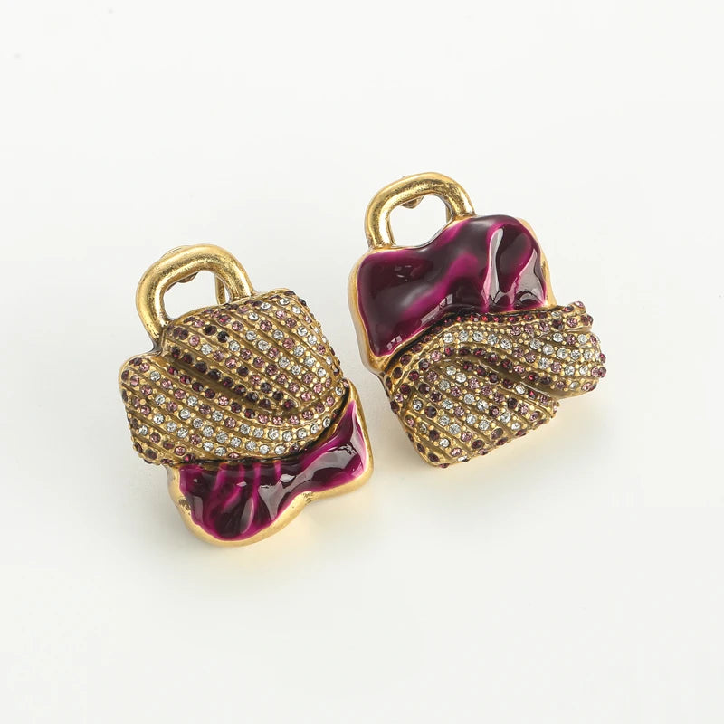 Women Purple Handbag w/ Asymmetrical Rhinestones Inlay Gold Color Earrings