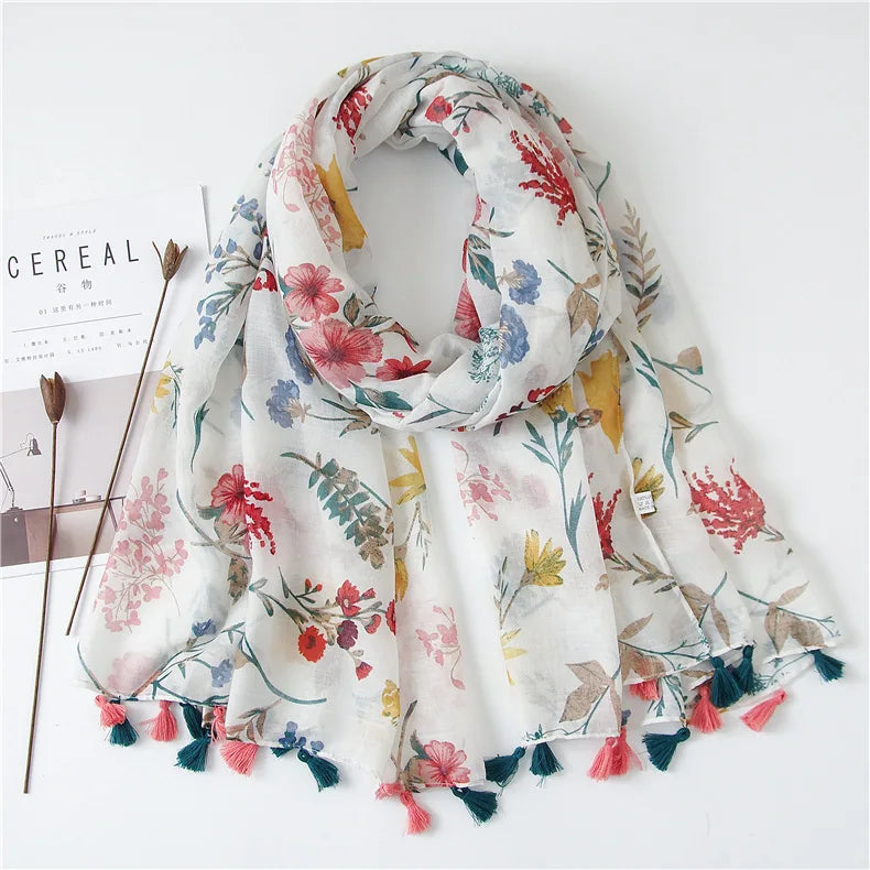 Women Fashion Large Cotton Flower Designs Tassel Prints Scarves Wrap Shawl Scarf