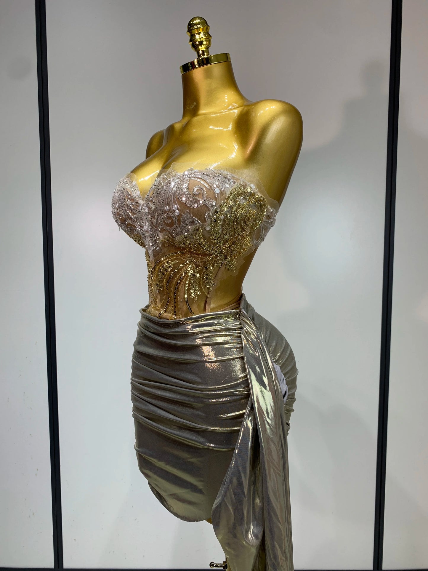 Sexy Strapless Sequins Rhinestone Gold Dress Glitter Two Pieces Birthday Evening Party Night Dress