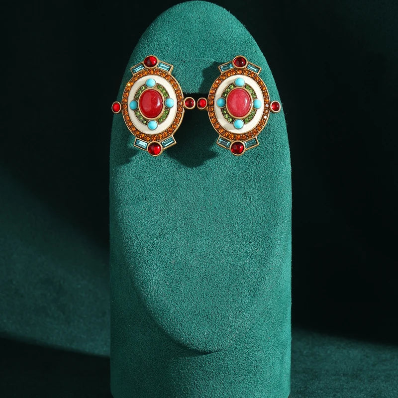 Ethnic Style Bohemia Red Natural Stone Oval Shape Vintage Crystal Antique Earrings
