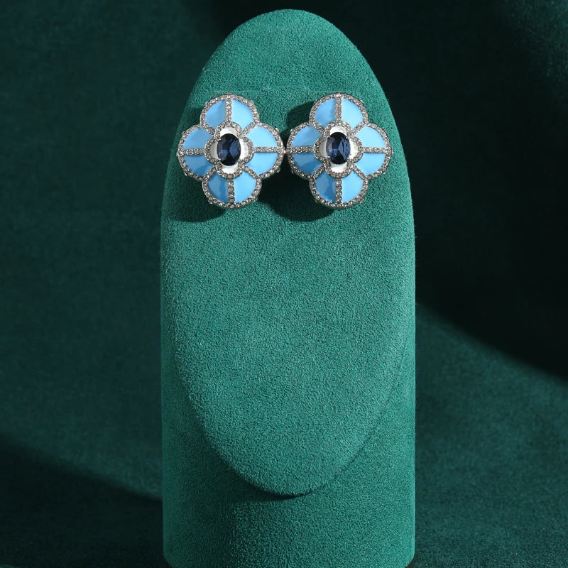 Luxury Designer Large Blue Clover Four Leafs Flower Stud Charms Vintage Earrings