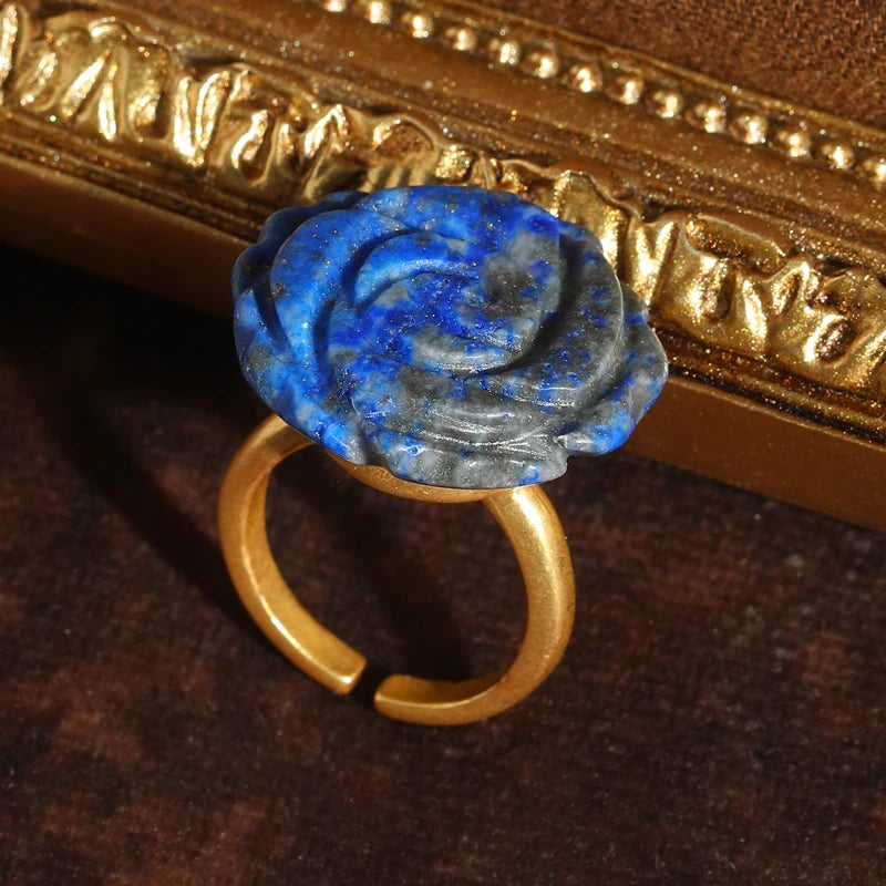 18k gold Vintage Large Rose Flower Natural Stone Engrave Blue Enchantress Luxury Wedding Ring