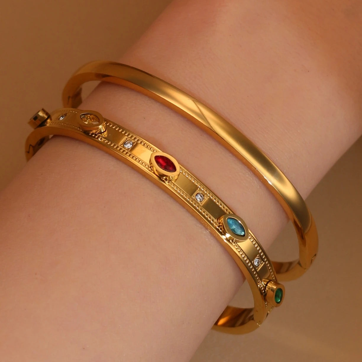 2-in-1 Women 18 K Gold Plated Zircon Stainless Steel Curved Bracelet Gift Bangle