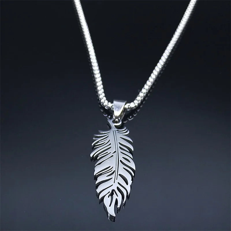 Boho Leaf Feather Women Men Stainless Steel Silver Color Chain Pendant Necklace