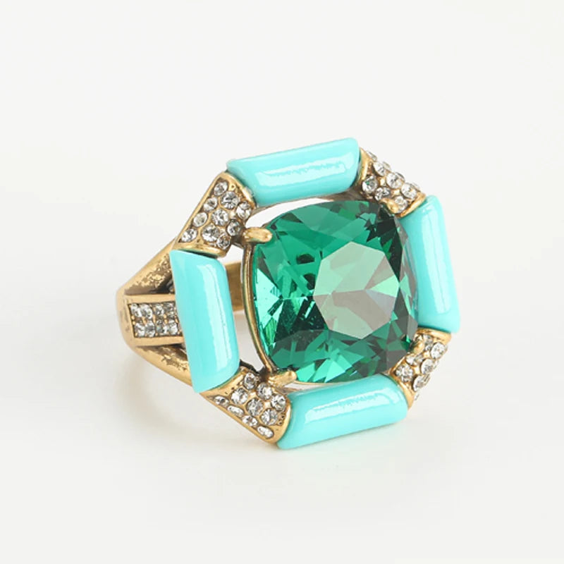 Antique Emerald Green Crystal 18K Gold-Plated Sea Blue Enamel Square Natural Stone Ring