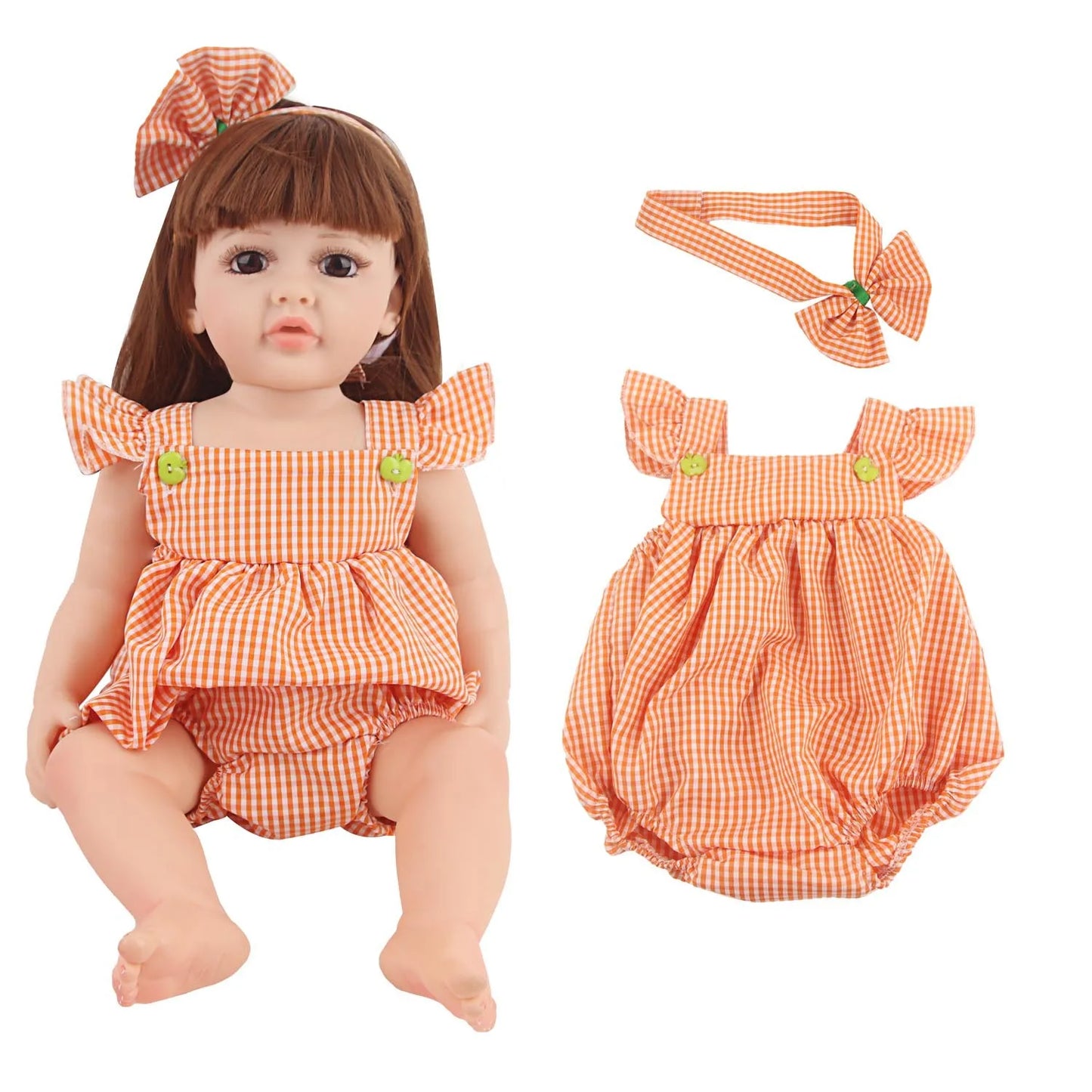 55cm Baby Girl Doll Plaid Skirt + Hairband Outfit Clothes Suit For 22 Inches Reborn Toys
