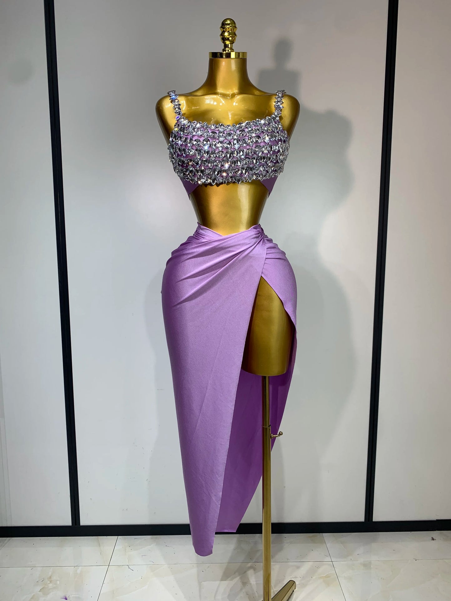 Women Sparkly Rhinestone Crop Tops Long Skirt Two Pieces Birthday Party Dinner Dress