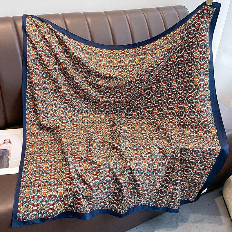 90cm Women Twill Silk Satin Scarf Shawl Wrap Square Printed Bandana Scarves