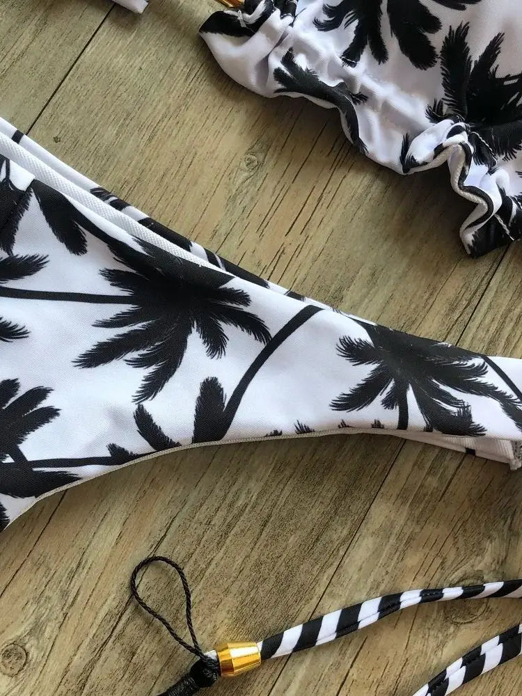 Sexy Black White Coconut Tree Printed Swimsuit Triangle Halter Bikini Brazilian Bathing Suits