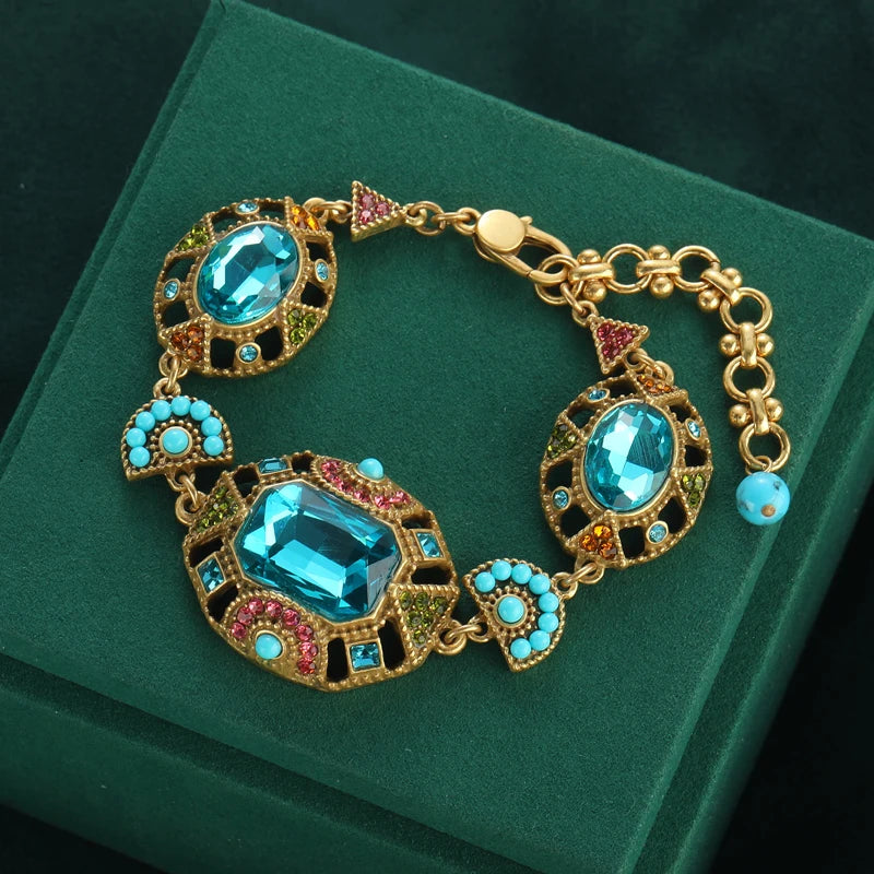 Bohemia Antique Gemstone Women Vintage Boho Beads Square Sea Blue Crystal Bangle Charm Bracelet