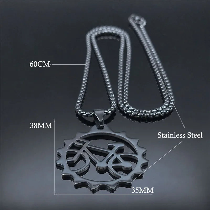 Women Men Tires Bike Bicycle Stainless Steel Long Chain Black Color Necklaces