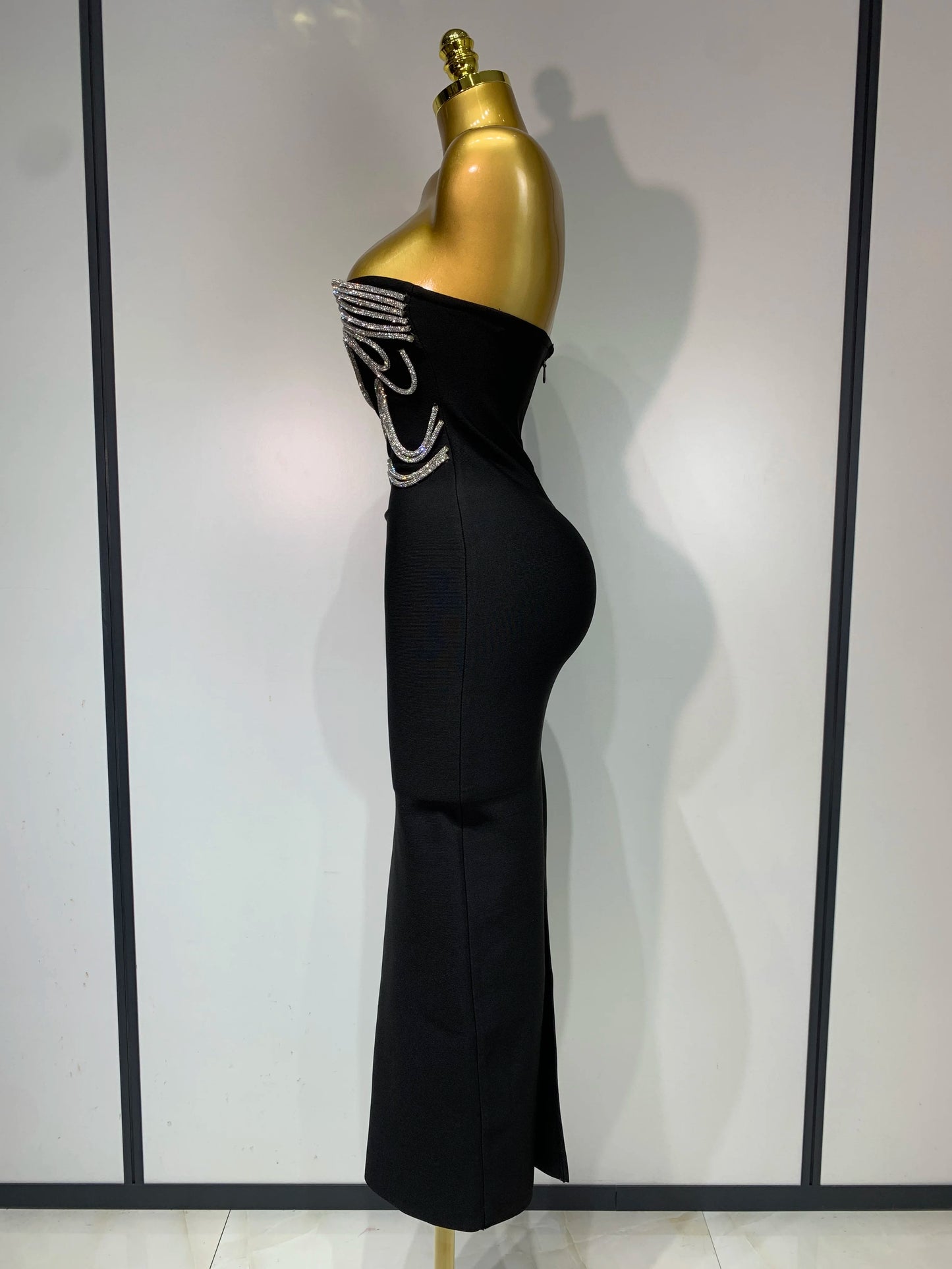 Women Sexy Strapless Diamond Lines Bandage Long Celebrity Red Carpet Evening Birthday Party Dress