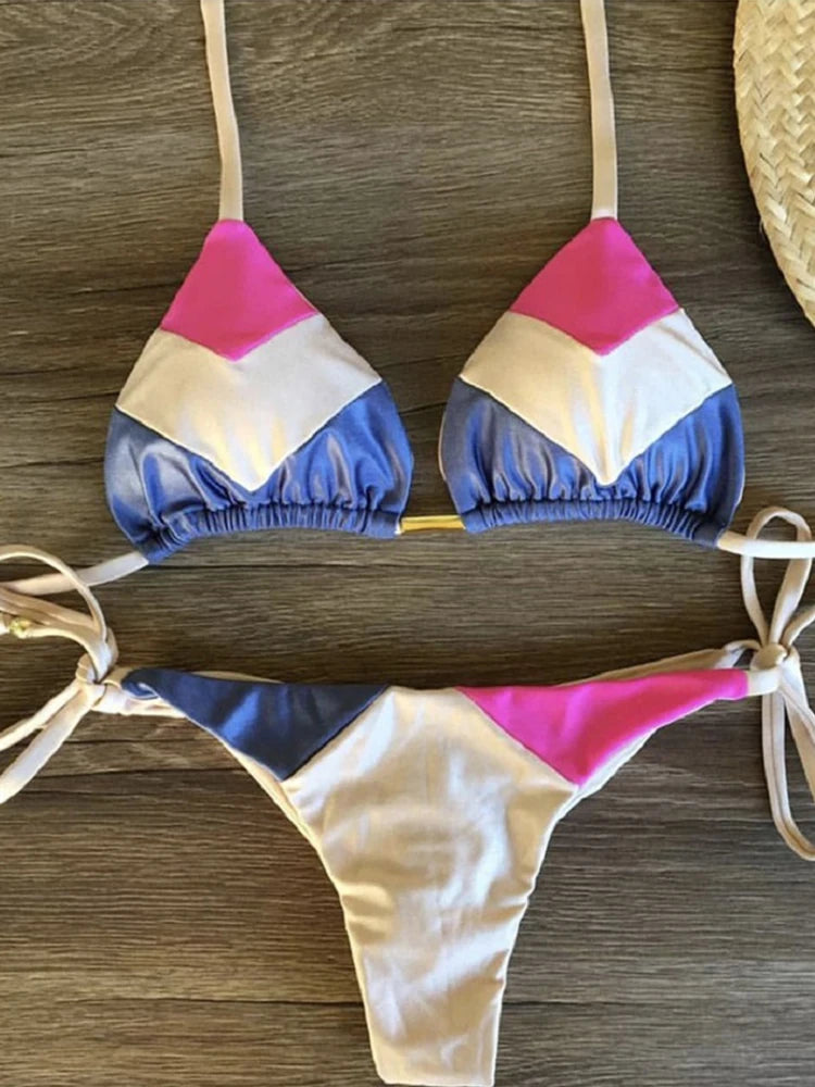 Sexy Halter Thong Micro Bikini Push Up Brazilian Tropical Plant Print String Mini Swimsuit