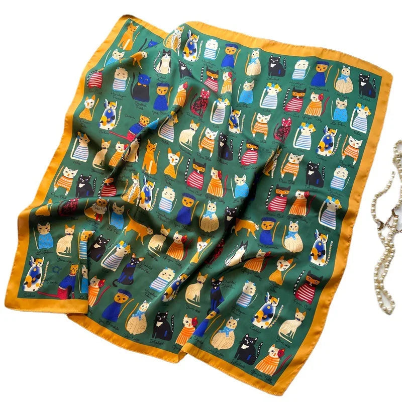 Women Fashion Silk Satin Cats Pets Printed Wrap Scarf Bandana Scarves