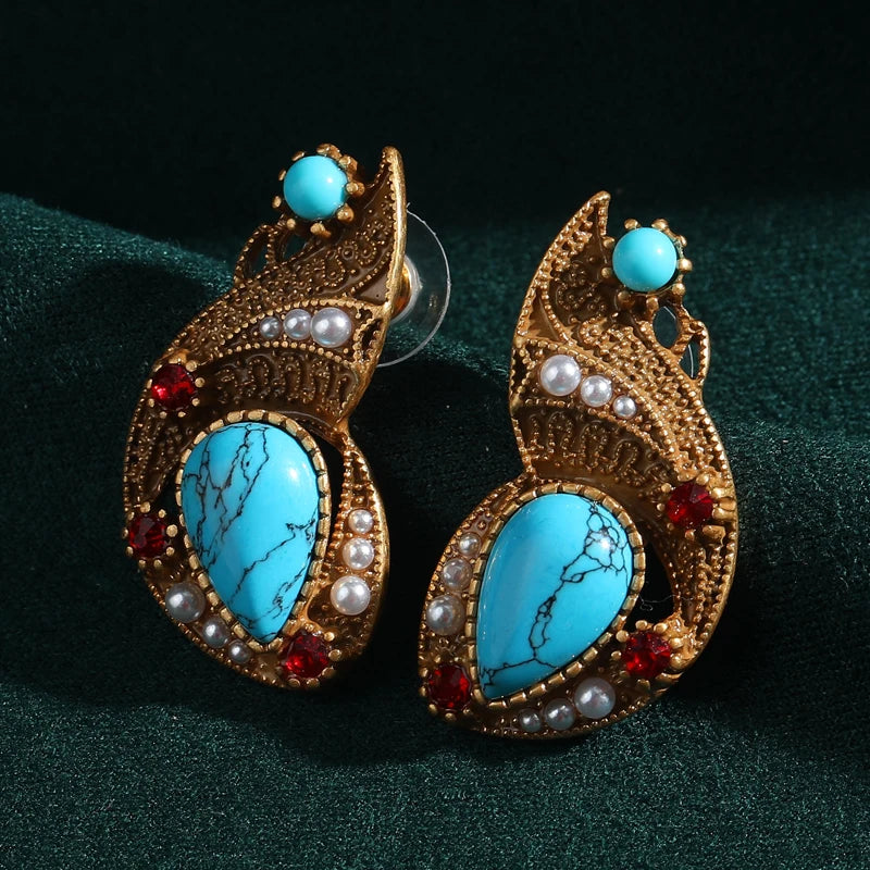 Antique Luxury Water Drop Natural Stone Goldfish Blue Long Charm Vintage Stud Earrings