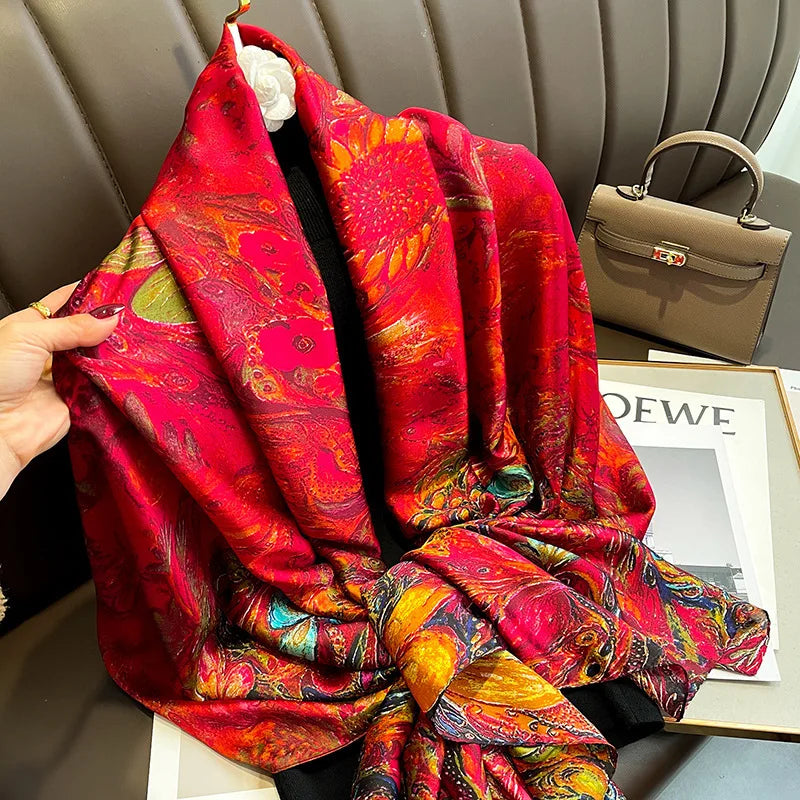 Women Fashion Printed Shawls Wraps Soft Pashmina Bandana Silk Scarves