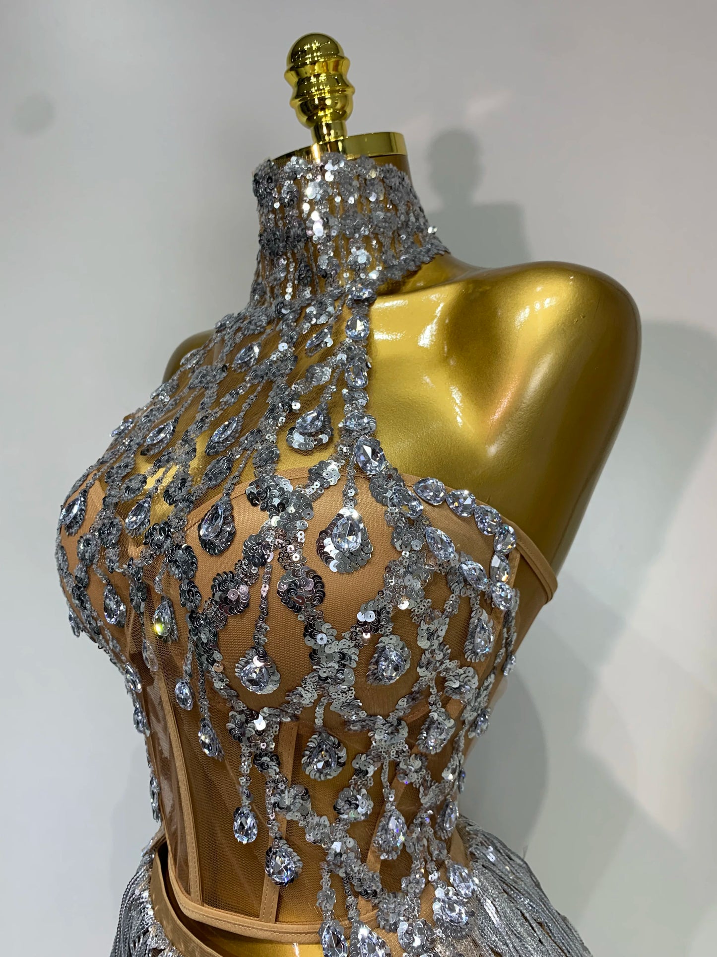 Sexy Shinning Rhinestone Tassels Two Pieces Nightclub Evening Party Birthday Clubbing Dress